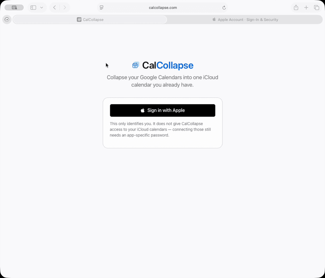 The CalCollapse sign-in page, with a single Sign in with Apple button.