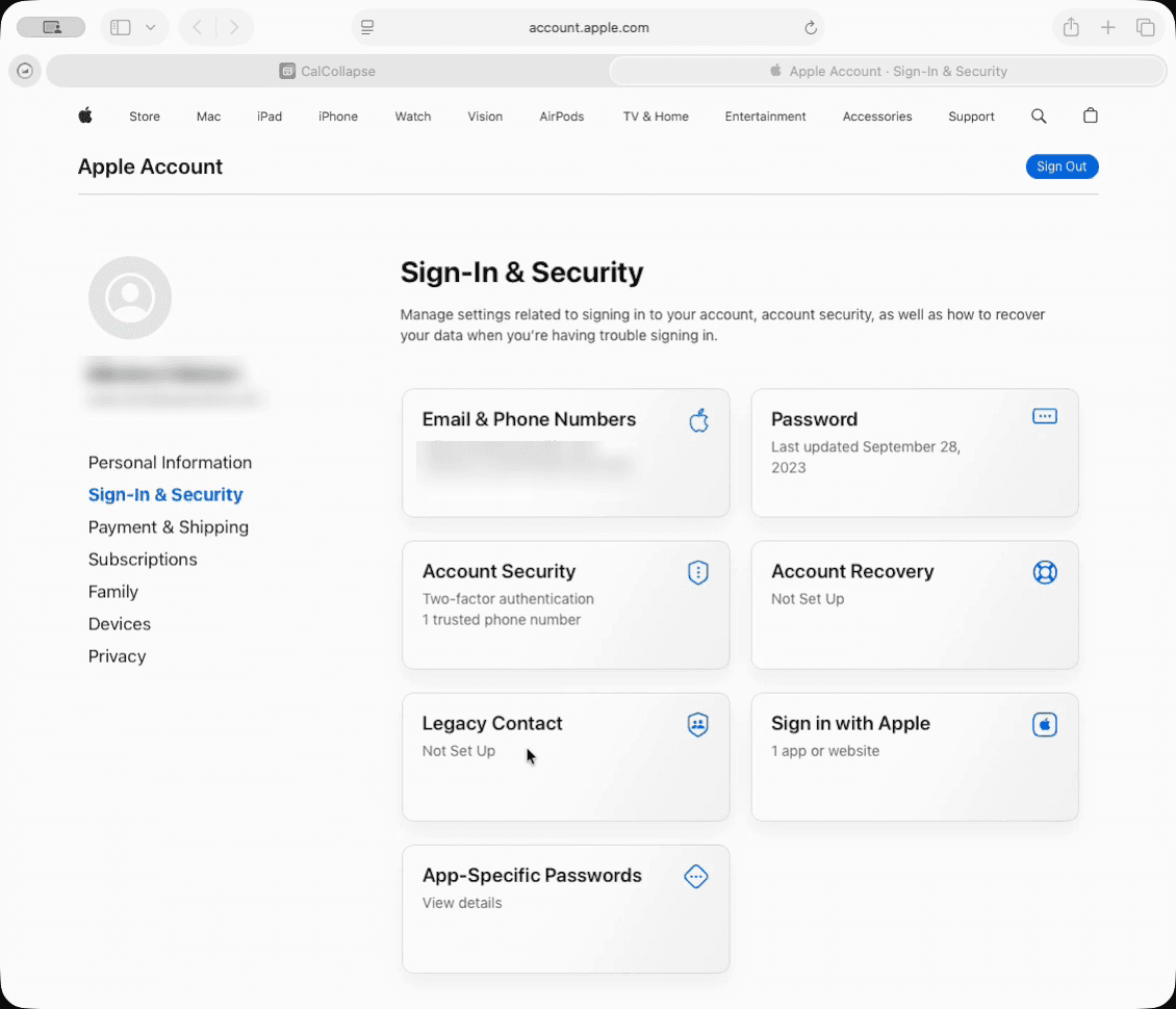 Apple's Sign-In and Security page, showing the App-Specific Passwords panel.