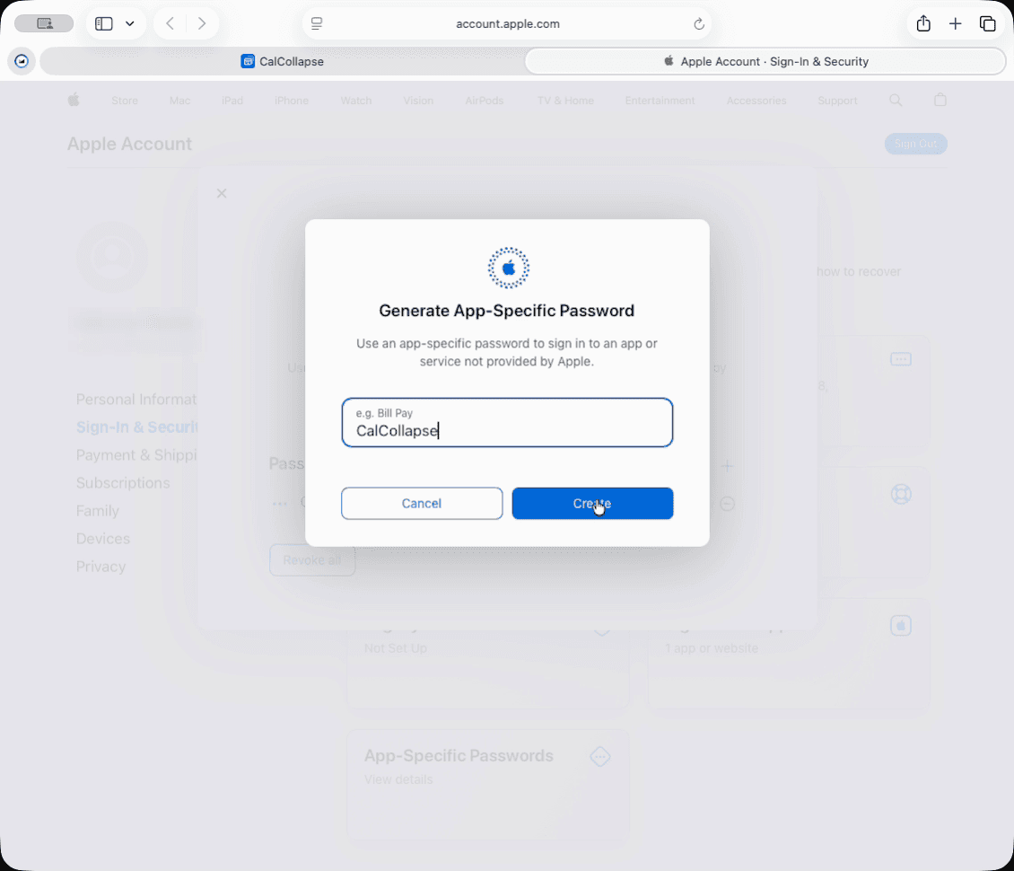Apple's Generate App-Specific Password dialog with the name CalCollapse typed in.