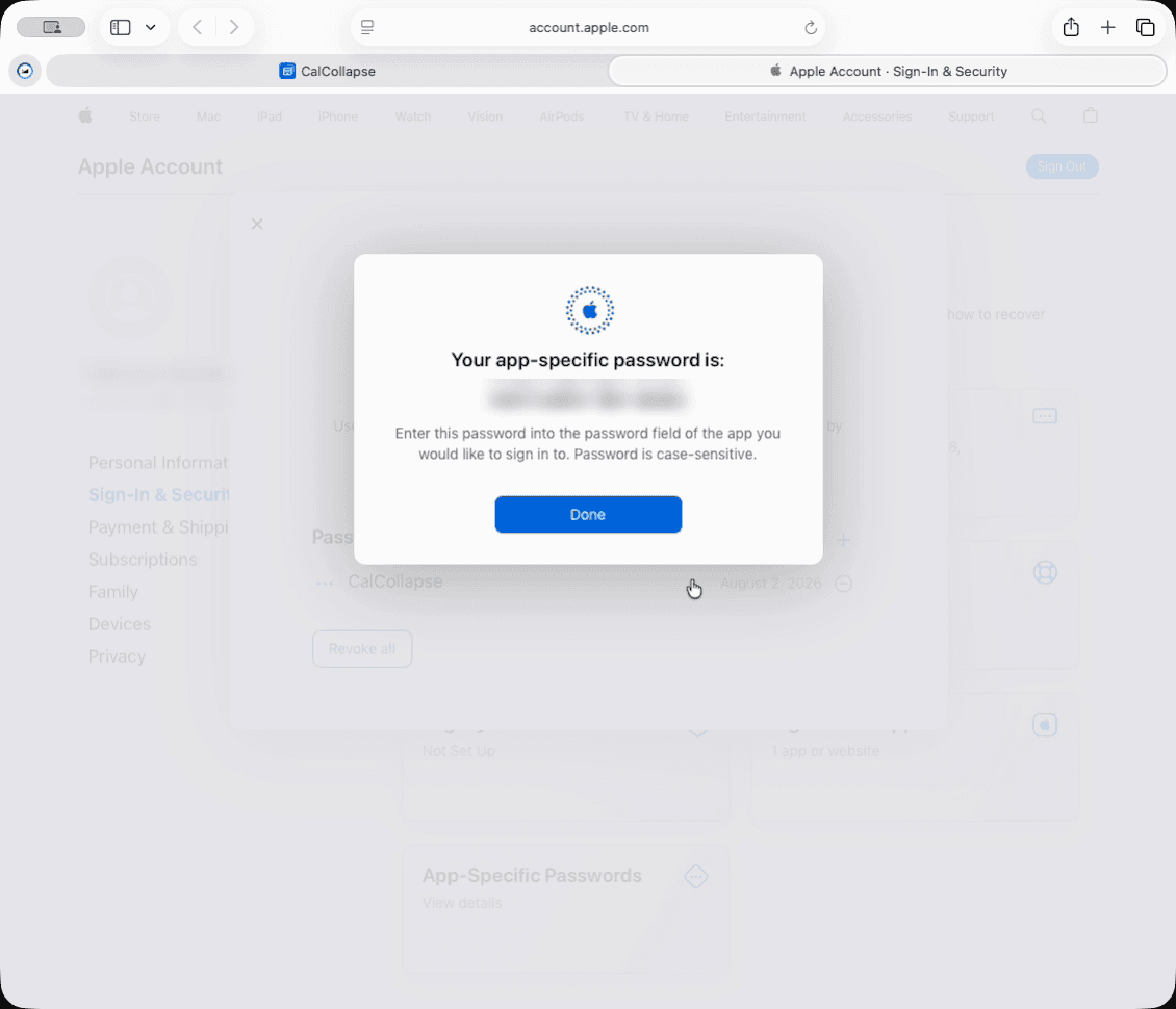 Apple's dialog showing a newly generated app-specific password, blurred out.
