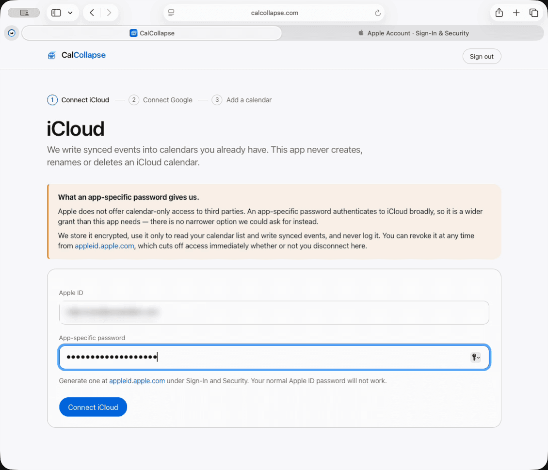 The CalCollapse iCloud page, with the Apple ID and app-specific password filled in.