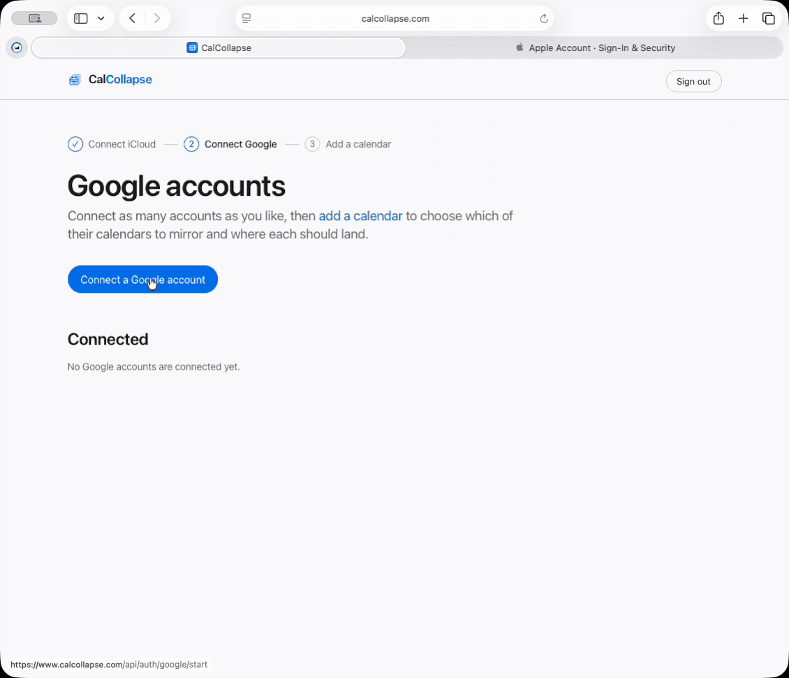 The CalCollapse Google accounts page, with a Connect a Google account button.
