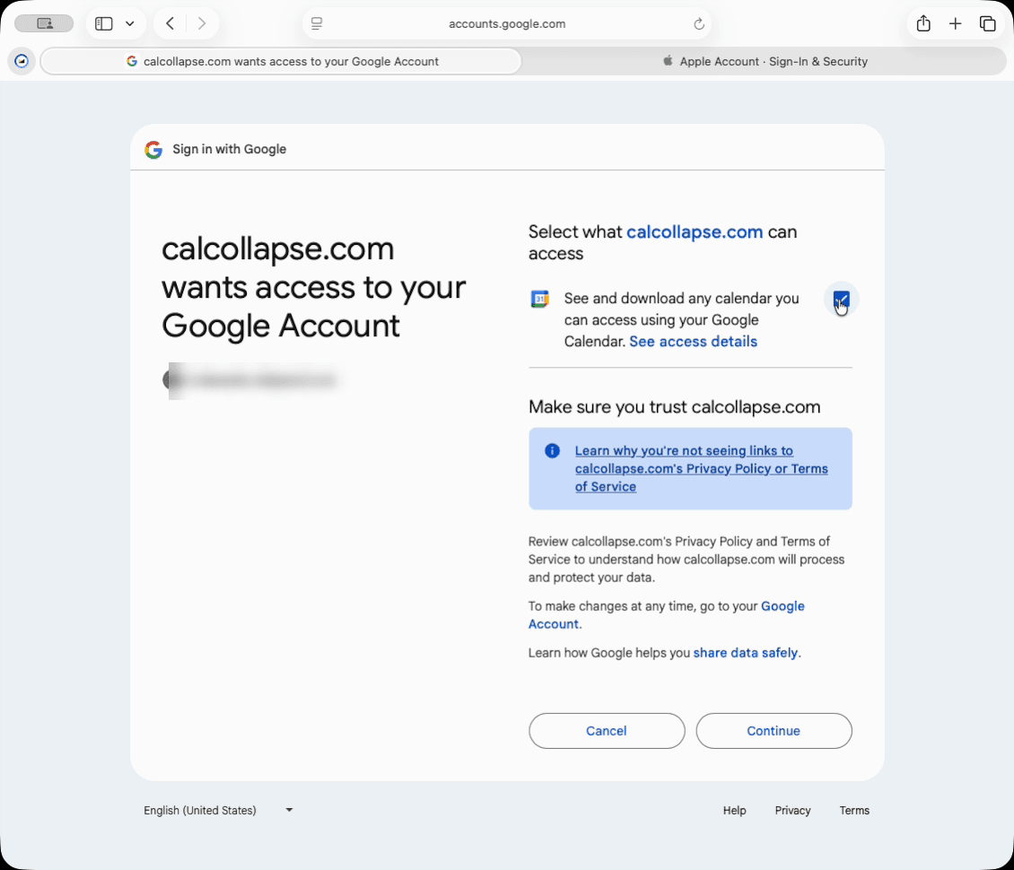 Google's consent screen, granting CalCollapse read access to Google Calendar.