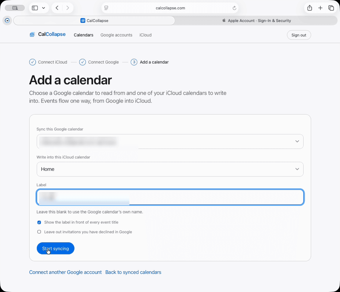 The CalCollapse Add a calendar form, pairing a Google calendar with the Home calendar on iCloud.
