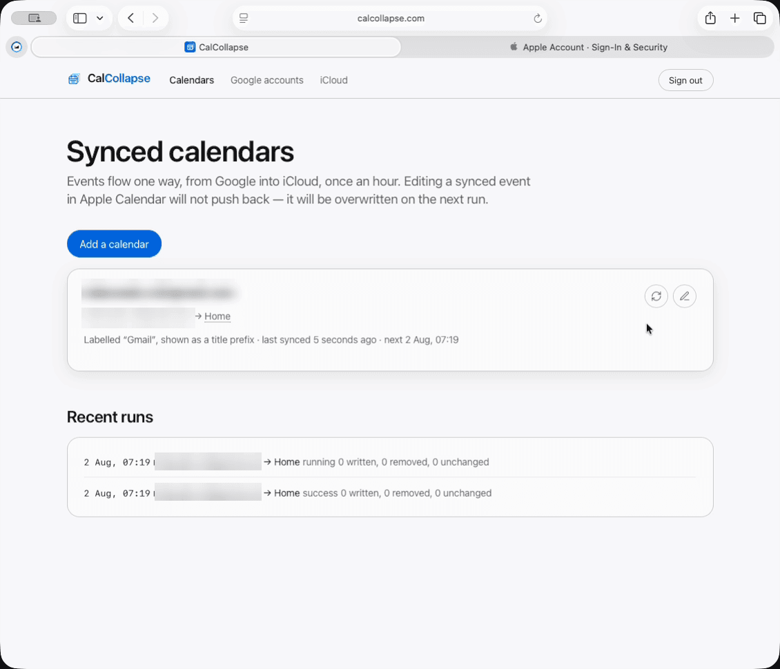 The CalCollapse dashboard, showing one synced calendar pair and two entries in the run log.